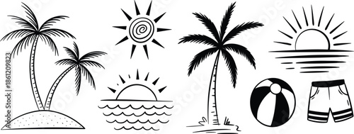 Tropical beach island hand drawn doodle vector set, palm trees, ocean sunset, beach ball, and swim shorts for summer vacation