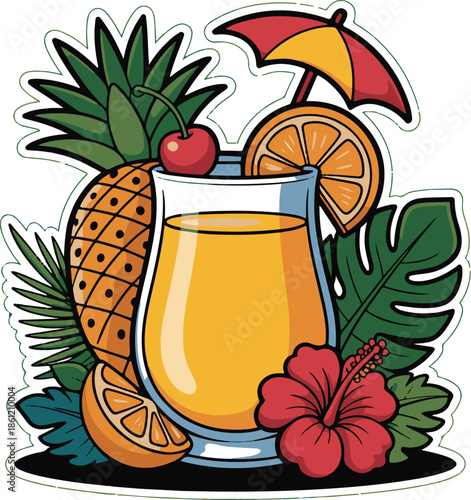 Colorful cartoon tropical juice glass with pineapple, orange slice, cherry