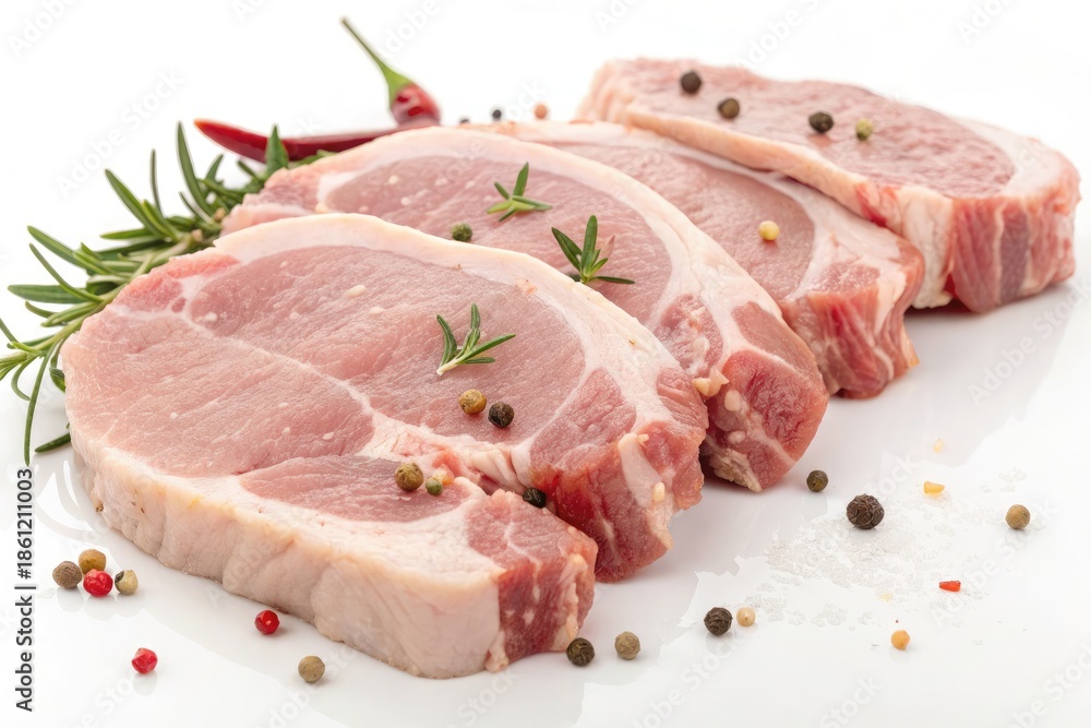 Fototapeta premium Fresh Meat Cuts Arranged on a White Surface With Herbs and Spices Nearby