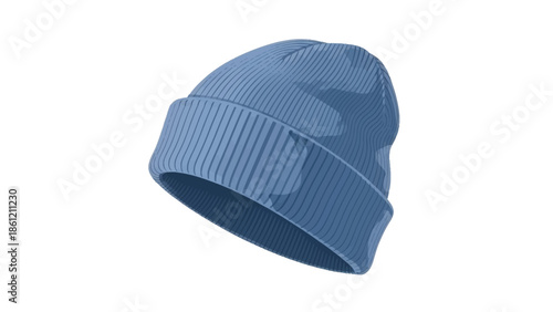 Blue knitted beanie hat isolated on a white background, a close-up shot