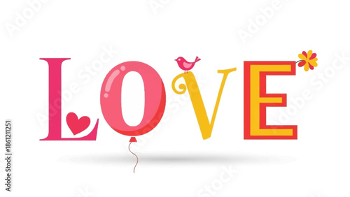 Whimsical and colorful 'LOVE' typography with charming decorative elements for romantic themes and joyful celebrations, perfect for cards and banners