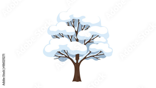 A beautifully depicted bare tree adorned with a thick blanket of pristine white snow, capturing the serene essence of the winter season