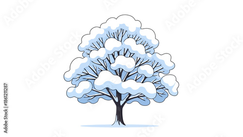 Crisp vector illustration of a winter tree, beautifully adorned with fresh white snow, evoking a serene and frosty natural scene