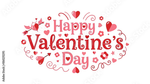 Happy Valentine's Day Greeting Card with Hearts, Arrows, and Flowers Decoration