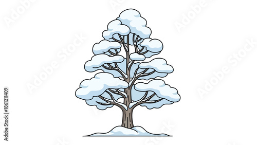 A beautifully illustrated deciduous tree covered in fresh white snow, perfect for winter and holiday designs