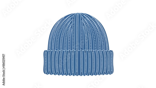 A detailed vector illustration of a blue knitted beanie hat, showcasing its ribbed texture and folded brim