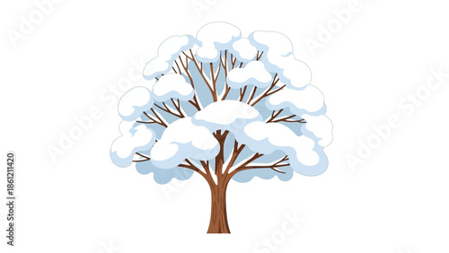 Beautifully illustrated snow-covered tree with brown trunk and branches, perfect for winter themes