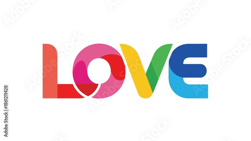 Dynamic typographic design of the word 'LOVE' featuring a harmonious blend of vivid, transparent colors for a modern, expressive visual