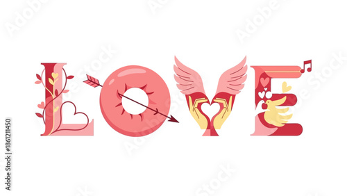 Love typography art with heart, wings, and arrow symbolizing romance and affection