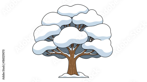 Charming cartoon illustration of a deciduous tree adorned with fresh white snow, evoking a serene winter landscape and seasonal beauty