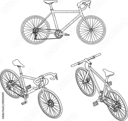 Modern road bike and racing bicycle line art vector set, professional cycling equipment for sports and fitness design