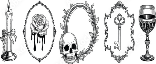 Gothic and Victorian ornamental hand drawn vector set, vintage candle, ornate frames, skull, skeleton key, and wine goblet