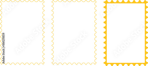 Blank postage stamp vector set with serrated borders, minimalist mailing frame templates for mail, philately, and craft design