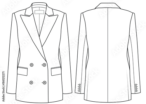 Double Breasted Blazer Flat Technical Drawing Front and Back View Vector