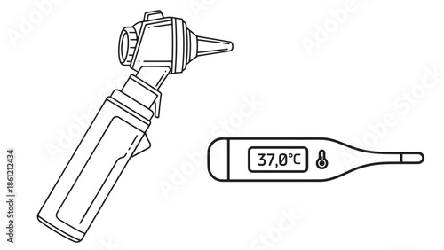 Clinical diagnostic tools vector set featuring a digital clinical thermometer and an otoscope for professional healthcare checkups and medical business insurance services branding.