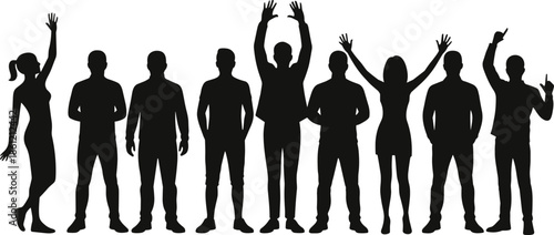 Silhouette, people, group, gesture, posture, celebration, excitement, greeting, diversity, unity, black, white, standing, pose, abstract, concept, crowd, communication, human, interaction