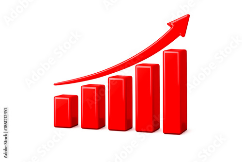 Dynamic red 3D growth arrow icon pointing upward, isolated on clean white background for design use.