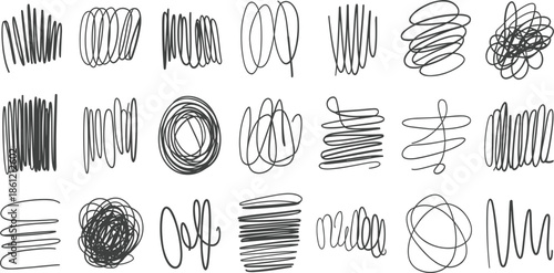Abstract hand drawn scribble and messy line doodle vector set, charcoal sketch pencil tangles for creative artistic design