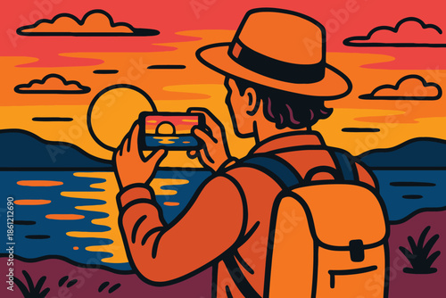 Tourist Taking a Photo of a Coastal Sunset with a Smartphone