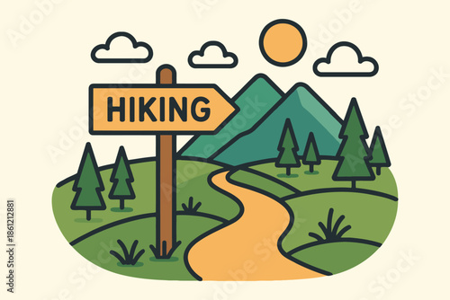 Hiking trail signpost on a path leading towards the mountains