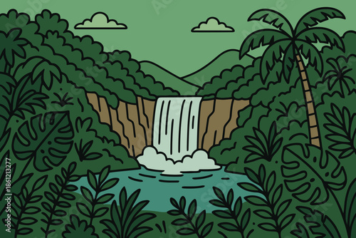 Scenic illustration of a tropical waterfall in a lush green rainforest jungle landscape