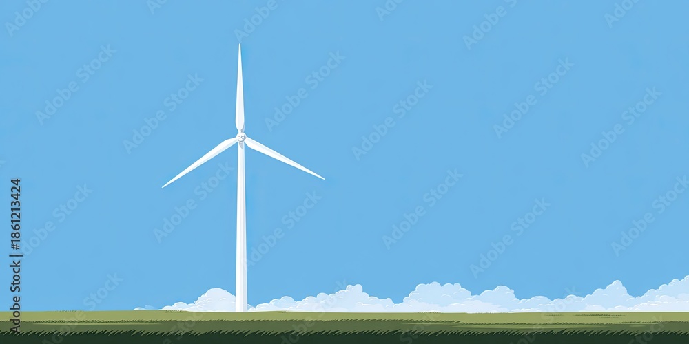 Fototapeta premium A simple illustration of a wind turbine standing on a grassy field under a bright blue sky