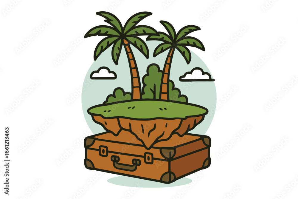 Obraz premium Suitcase with a Floating Tropical Island and Palm Trees Illustration