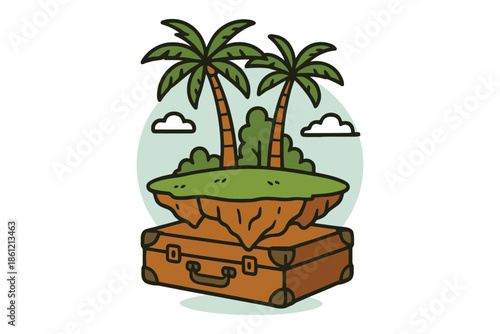 Suitcase with a Floating Tropical Island and Palm Trees Illustration