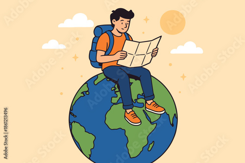 Adventurous traveler sitting on top of the world globe looking at map illustration