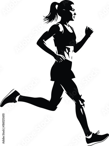 Silhouette of a woman jogging in motion wearing athletic gear and running shoes