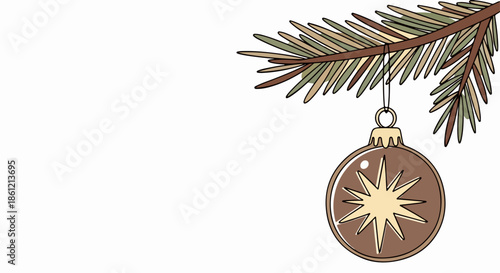 Christmas ornament hangs from evergreen tree branch, brown glass ball with golden star pattern. Festive Christmas ornament design features intricate star detail, shimmering against deep green needles.
