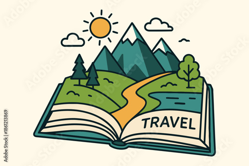 Hand-drawn illustration of an open book featuring a mountain landscape and travel text