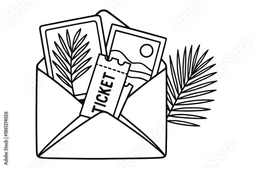 Line art illustration of an envelope containing travel tickets and vacation photos