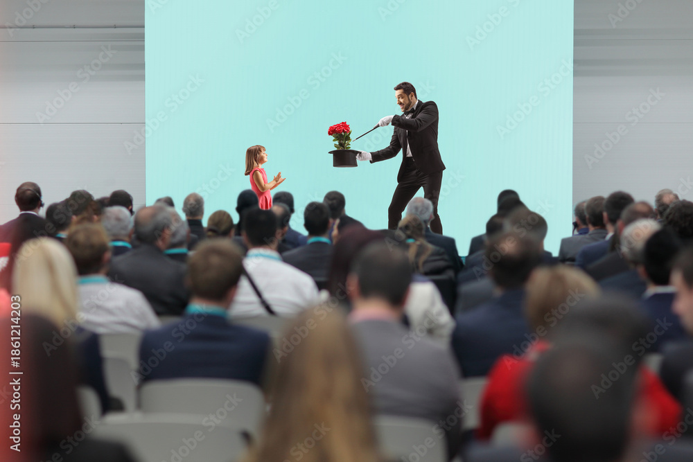 Obraz premium Girl giving applause to a magician performing a trick on stage