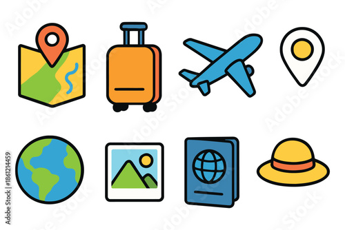 Set of colorful hand-drawn travel and vacation icons including passport and suitcase