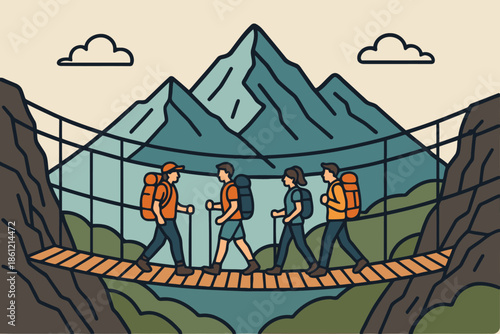 Group of hikers with backpacks crossing a suspension bridge in the mountains