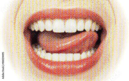 Closeup of smiling mouth with teeth and tongue isolated on transparent background