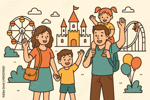 Happy Family Enjoying a Day at Theme Park with Castle and Ferris Wheel