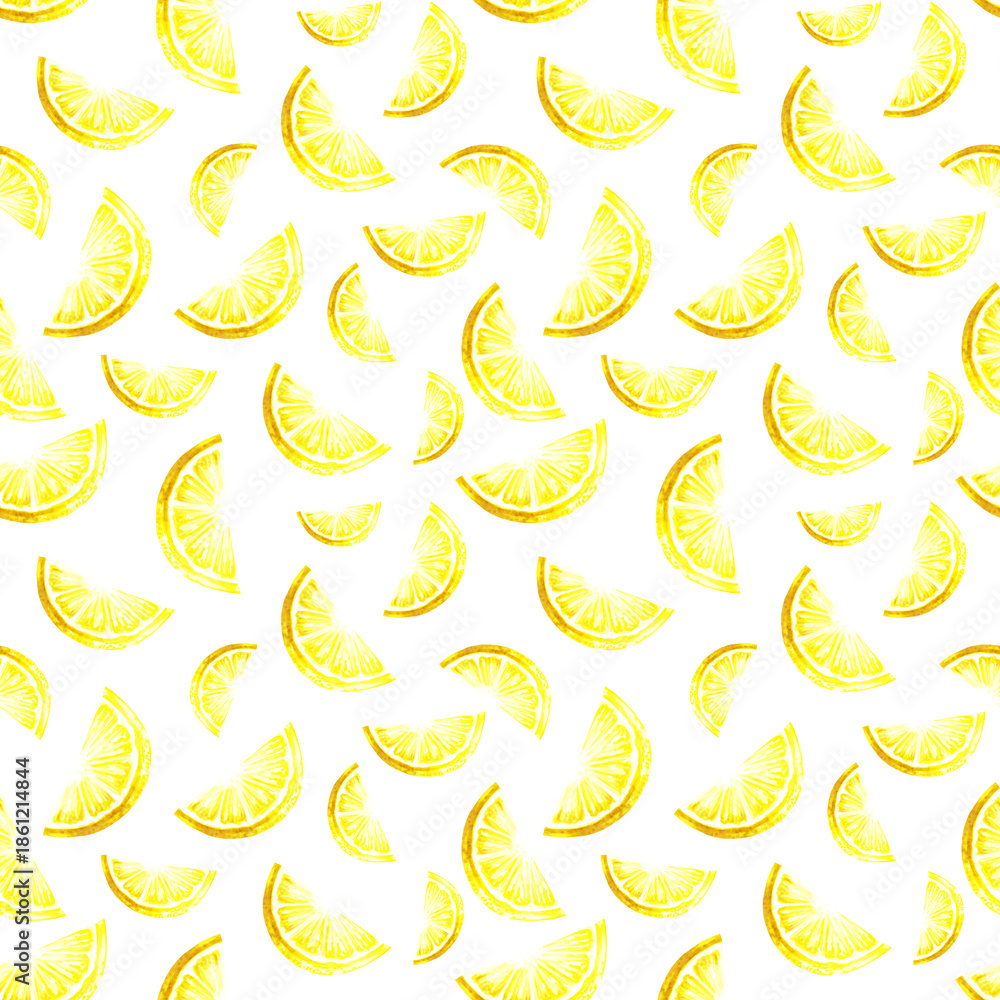 Fototapeta premium Hand-drawn seamless pattern with bright yellow lemon slices made with markers. Perfect for summer prints, textiles, packaging, wrapping paper, kitchen decor and fruit-themed designs.