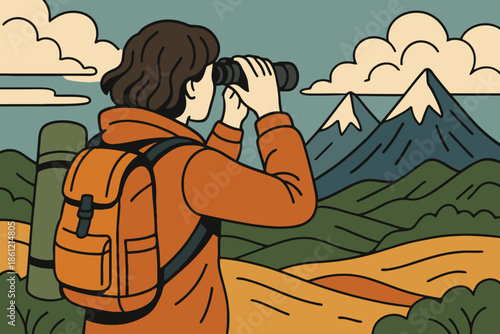 Traveler looking through binoculars at snow capped mountain peaks illustration