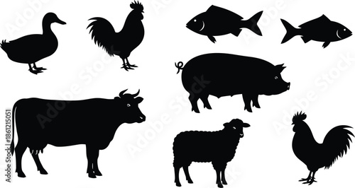 Collection of Animal Silhouettes Including Duck Rooster Fish Cow Pig and Sheep