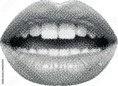 Closeup of lips in black and white artistic halftone effect isolated on transparent background
