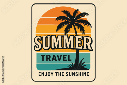 Retro Vintage Summer Travel Badge with Palm Tree and Sunset Beach Illustration
