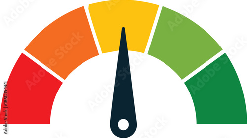 Colorful speedometer gauge with needle pointing to green representing performance or status isolated on white background