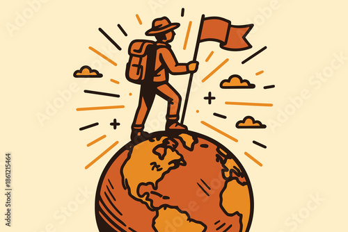 Hiker Planting a Flag on Top of the Earth Globe Illustration