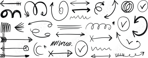 Hand drawn black arrow vector set with curved, straight, double-headed arrows, check marks and creative doodle pointing elements
