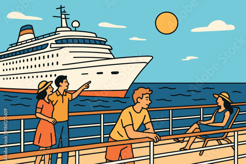 Tourists relaxing on the deck of a luxury cruise ship at sea under a bright sun