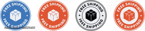 Collection of Free Shipping Badge Stickers in Blue Orange and Red Colors, E-commerce Delivery Service Promotion and Retail Marketing Label Set