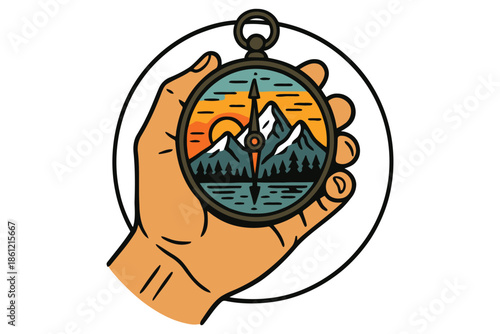 Illustration of a hand holding a pocket compass showing a mountain landscape inside