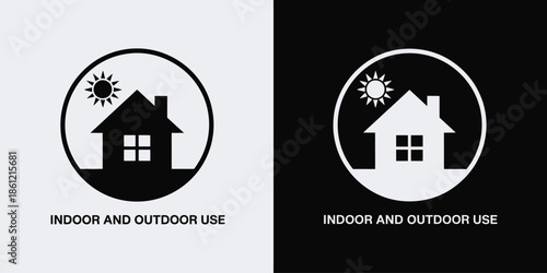 Indoor and Outdoor Use Icon Symbol with House and Sun Graphic for Product Versatility, Home Improvement and Durable Hardware Branding Label